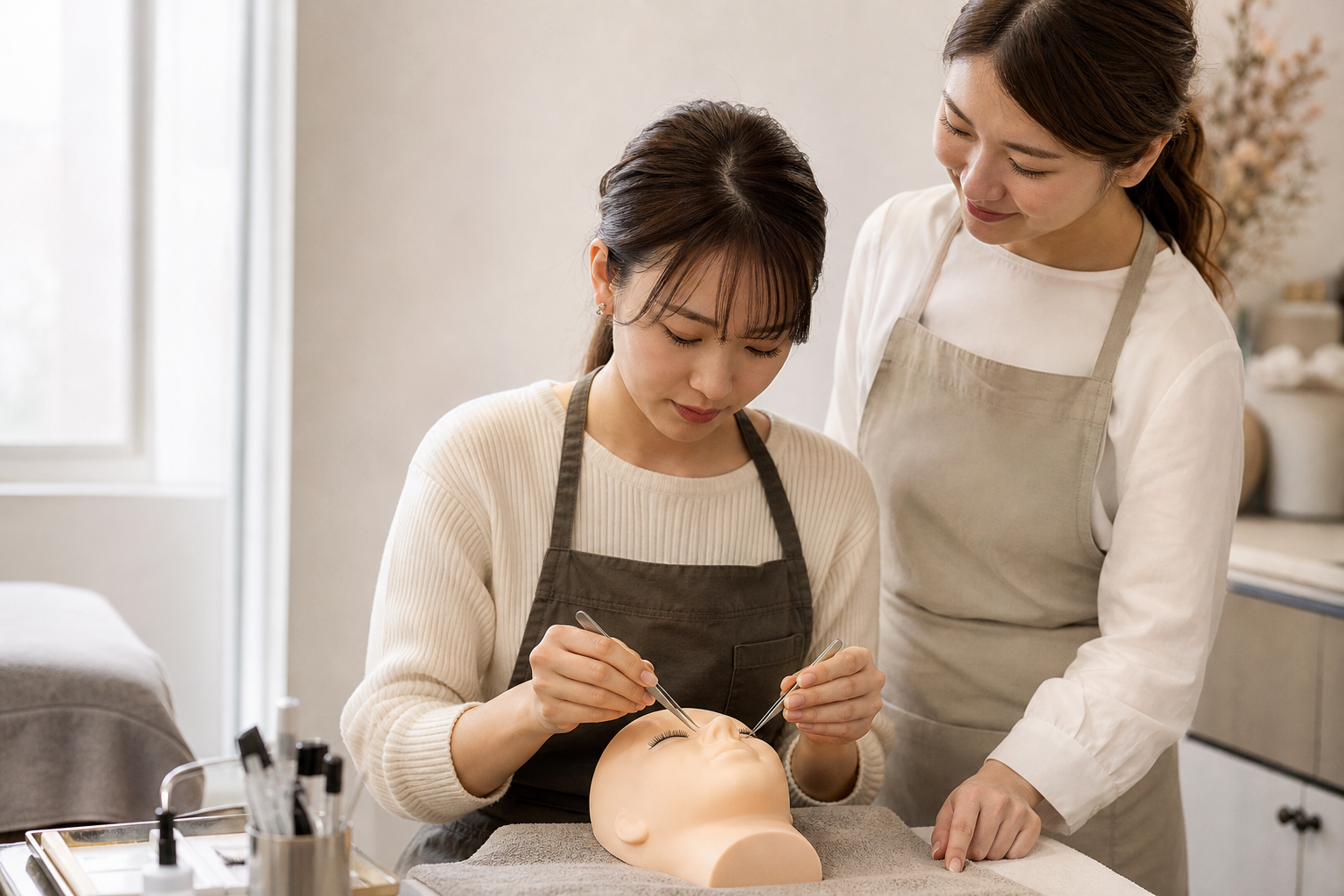 未経験アイリストが先輩スタッフから技術指導を受ける様子