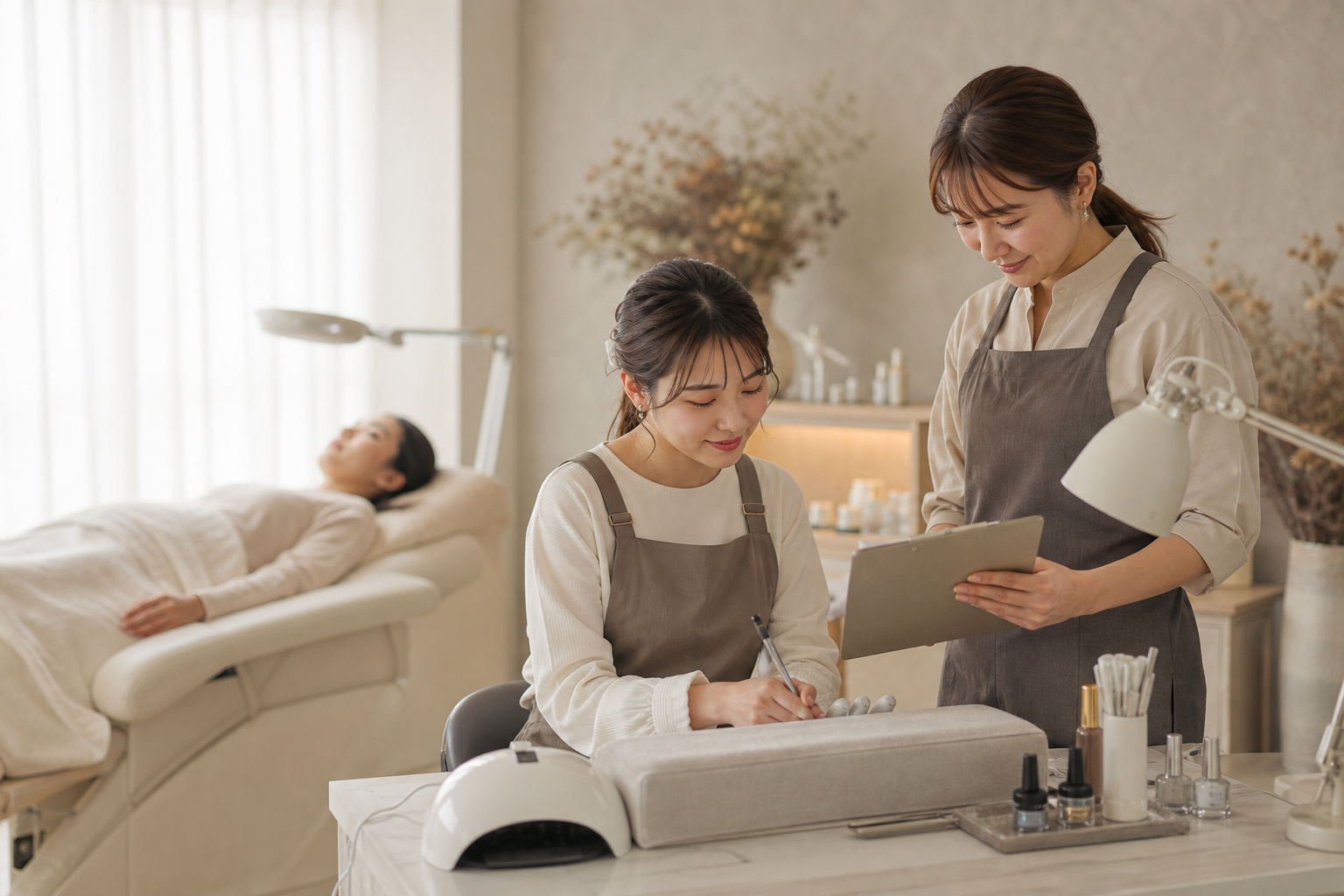 ネイルとアイの兼務を学ぶスタッフが先輩から指導を受ける様子