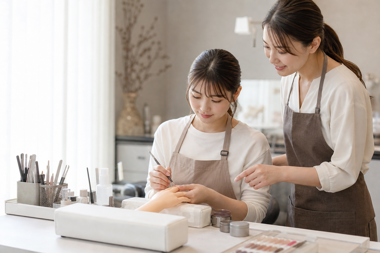 未経験ネイリストが先輩スタッフから施術指導を受ける様子